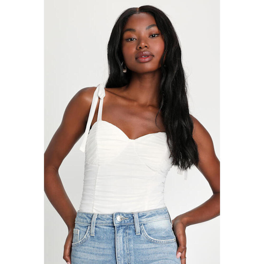 Lulus Win Your Attention Ivory Ruched Tie-strap Bodysuit White - Size XL